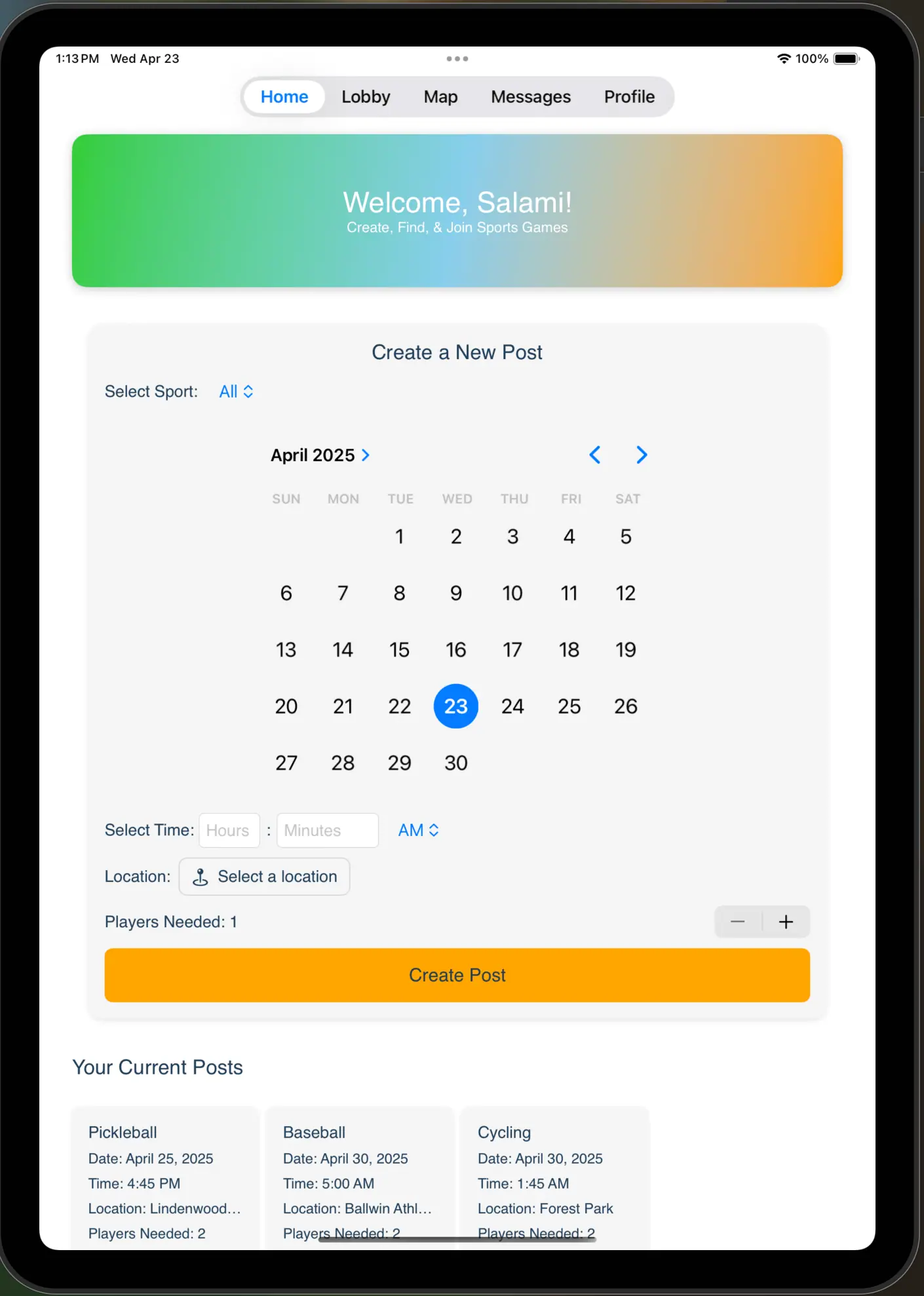 YouPlaySports home screen showing upcoming matches and game feed