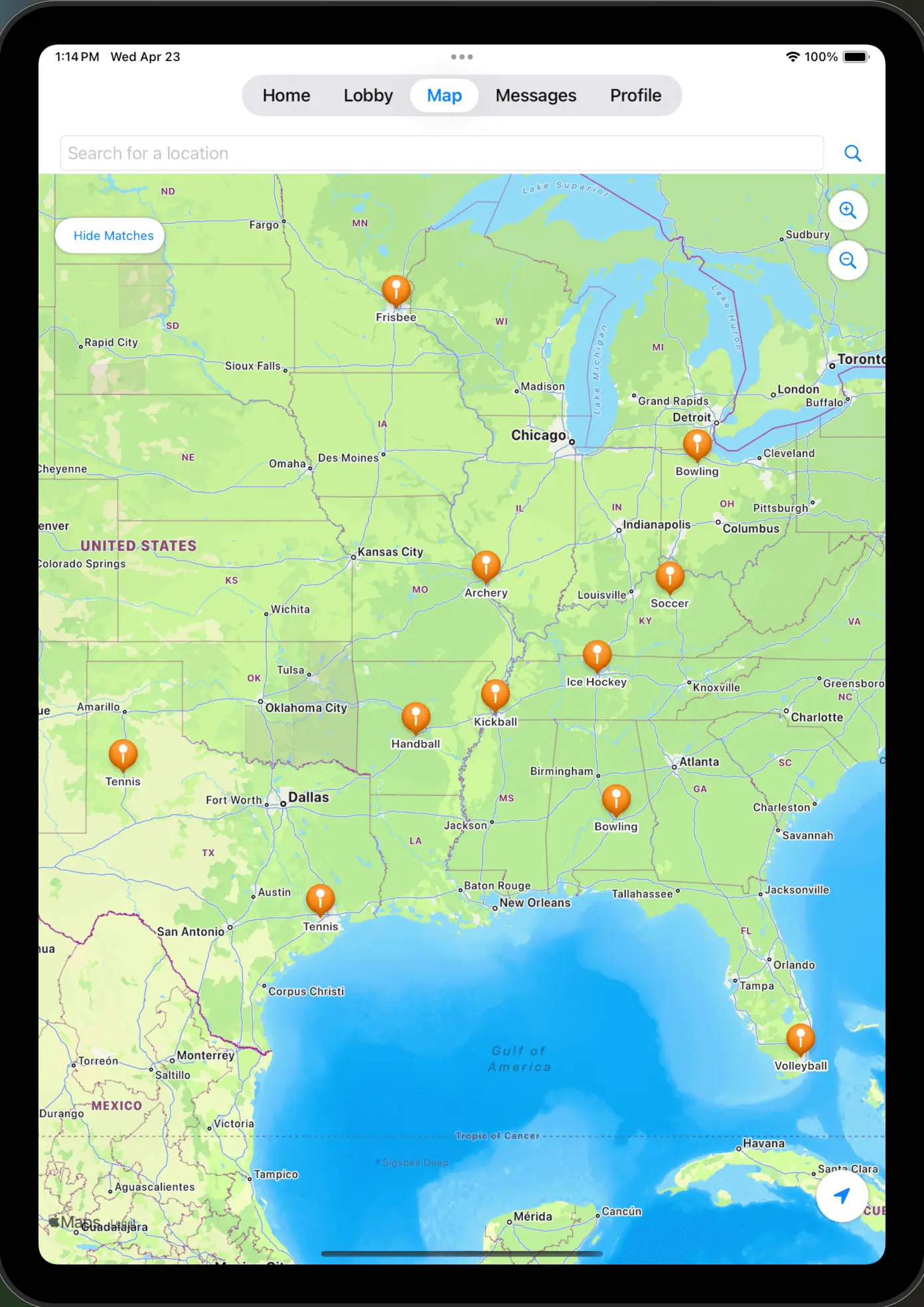 YouPlaySports map view displaying nearby sports games and players
