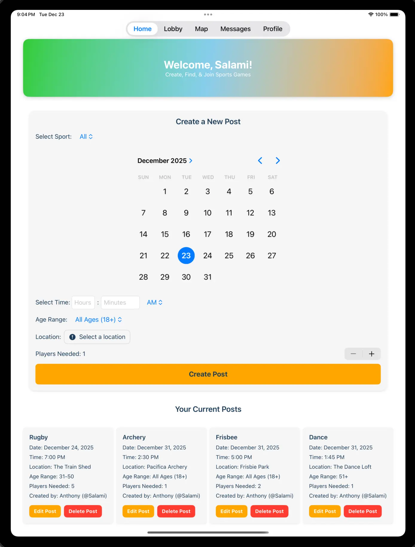 Home screen displaying upcoming matches and sports feed