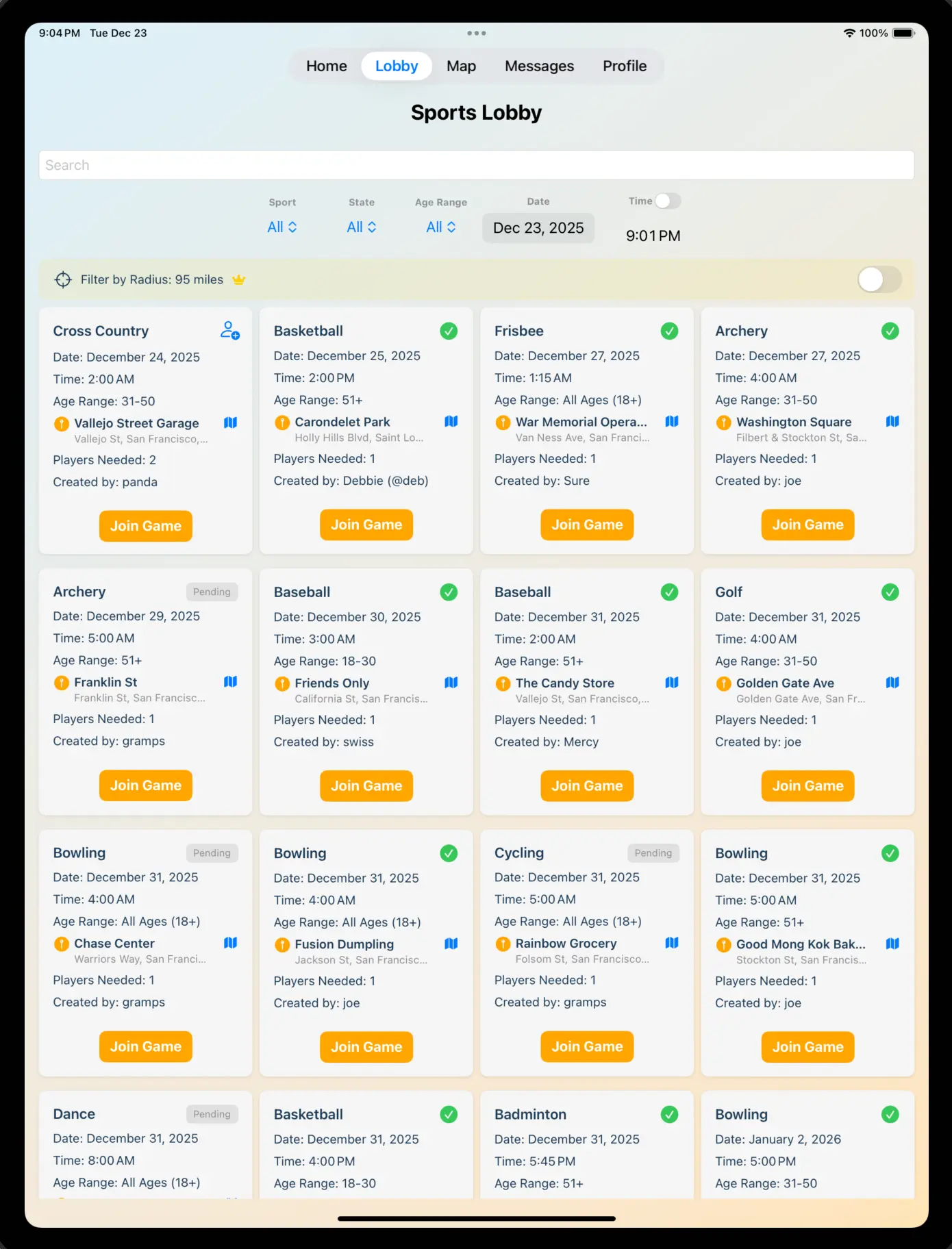 Lobby screen showing available sports games to join