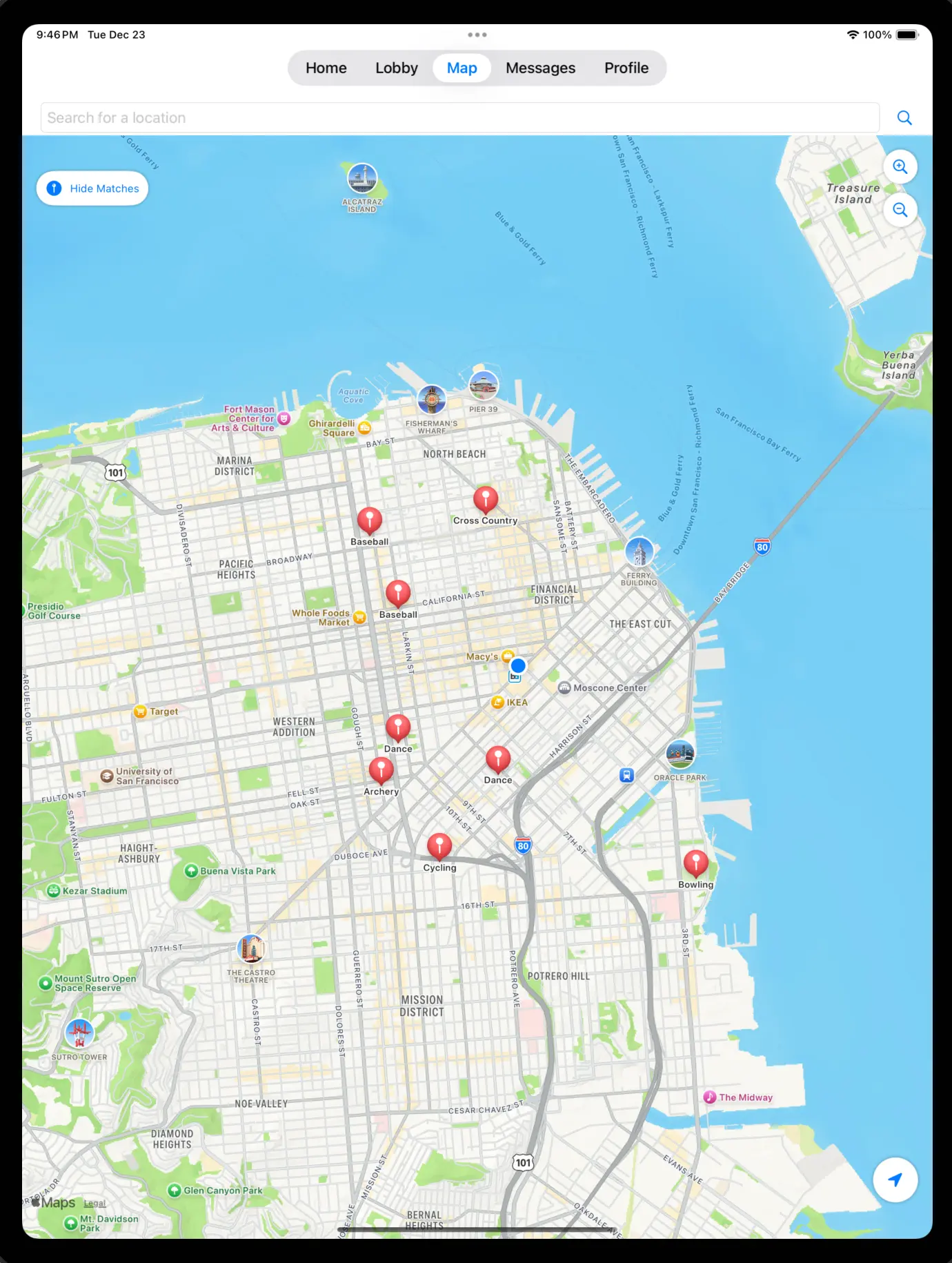 Interactive map showing nearby players and sports matches