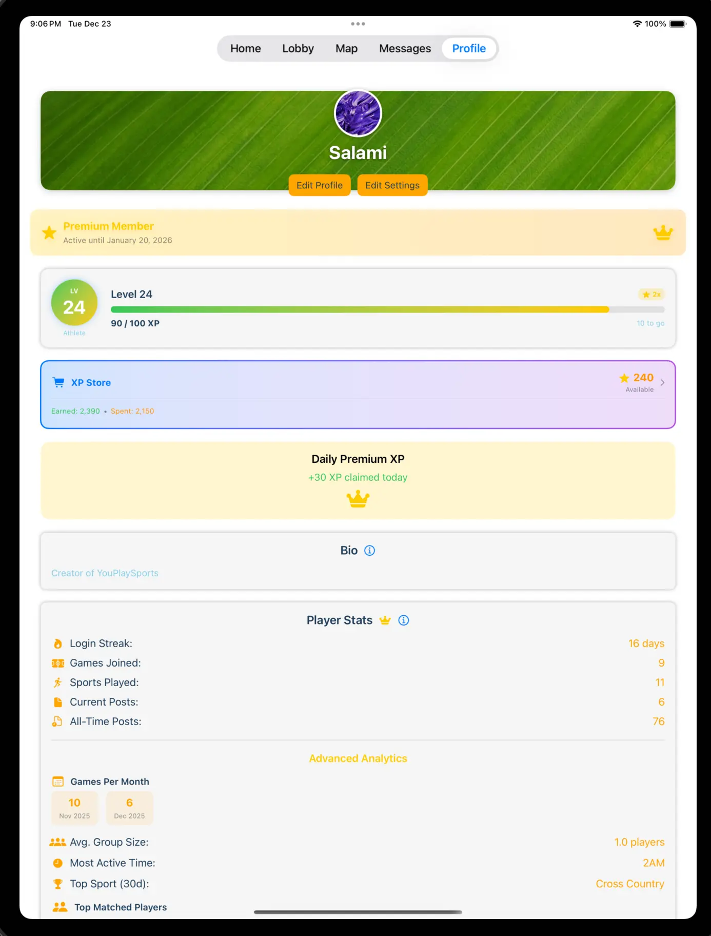 Player profile showing sports, skill level, and game history